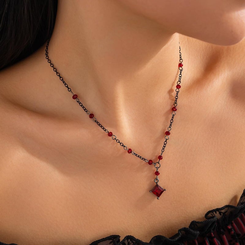 Cicod Gothic Y Necklace,Goth Black Red Crystal Bead Teardrop Necklace,Punk Y Necklace,Halloween Christmas New Year Jewelry Vampire Accessories for Women - Image 2